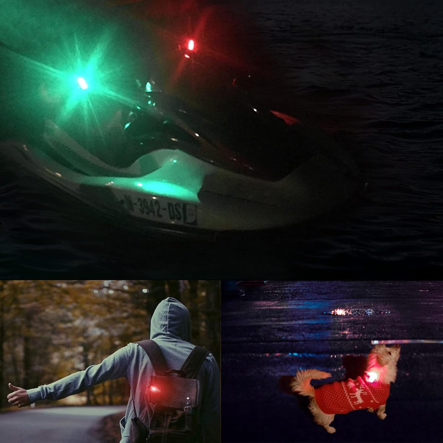 Navigation lights attached to boat kayak bag and dog collar showing versatile clip-on use