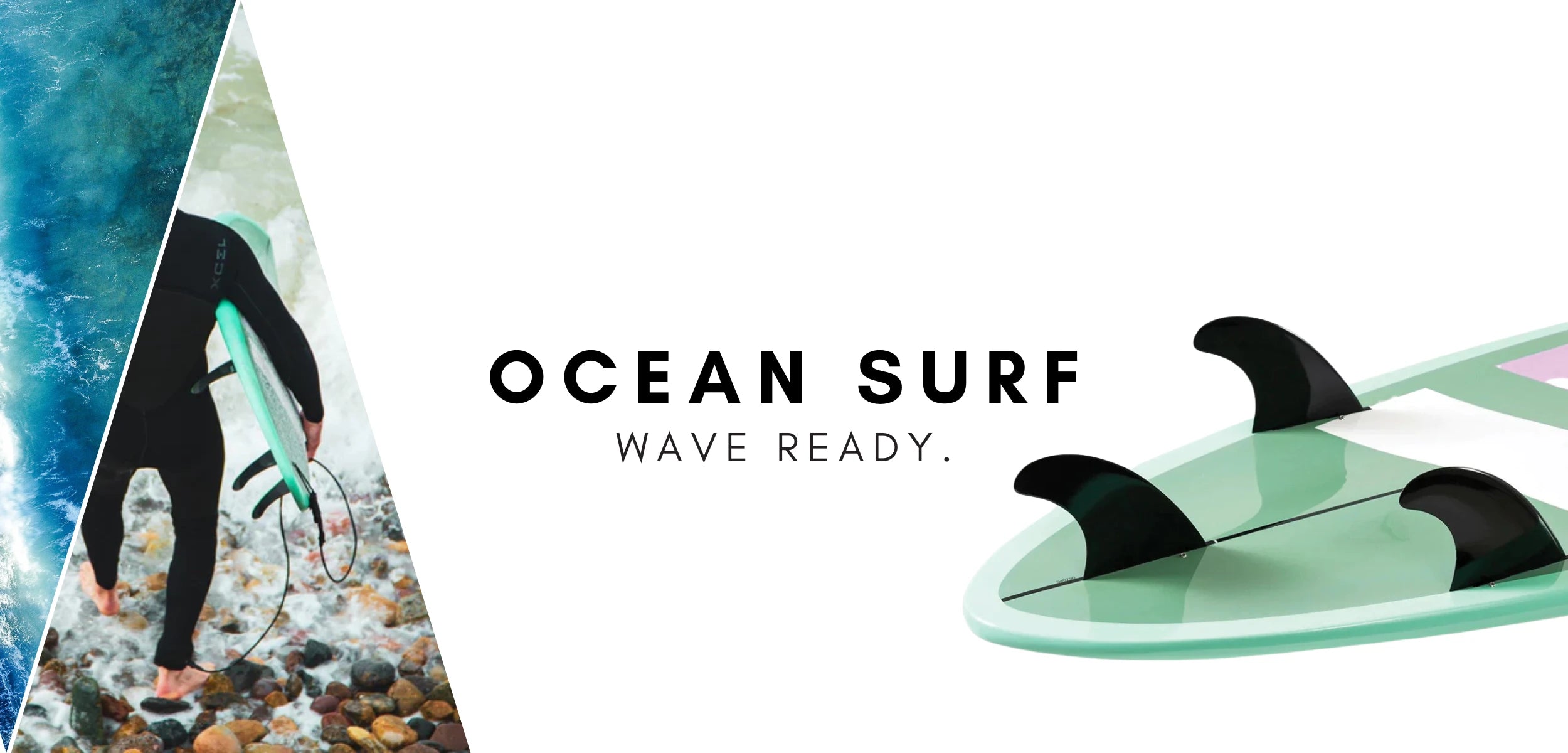Surfboard with black fins on a green deck beside surfer walking into the ocean with board, featuring text "Ocean Surf Wave Ready