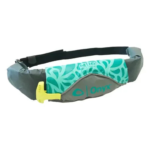 Onyx M-16 compact inflatable PFD with gray and green design for SUP and water safety.