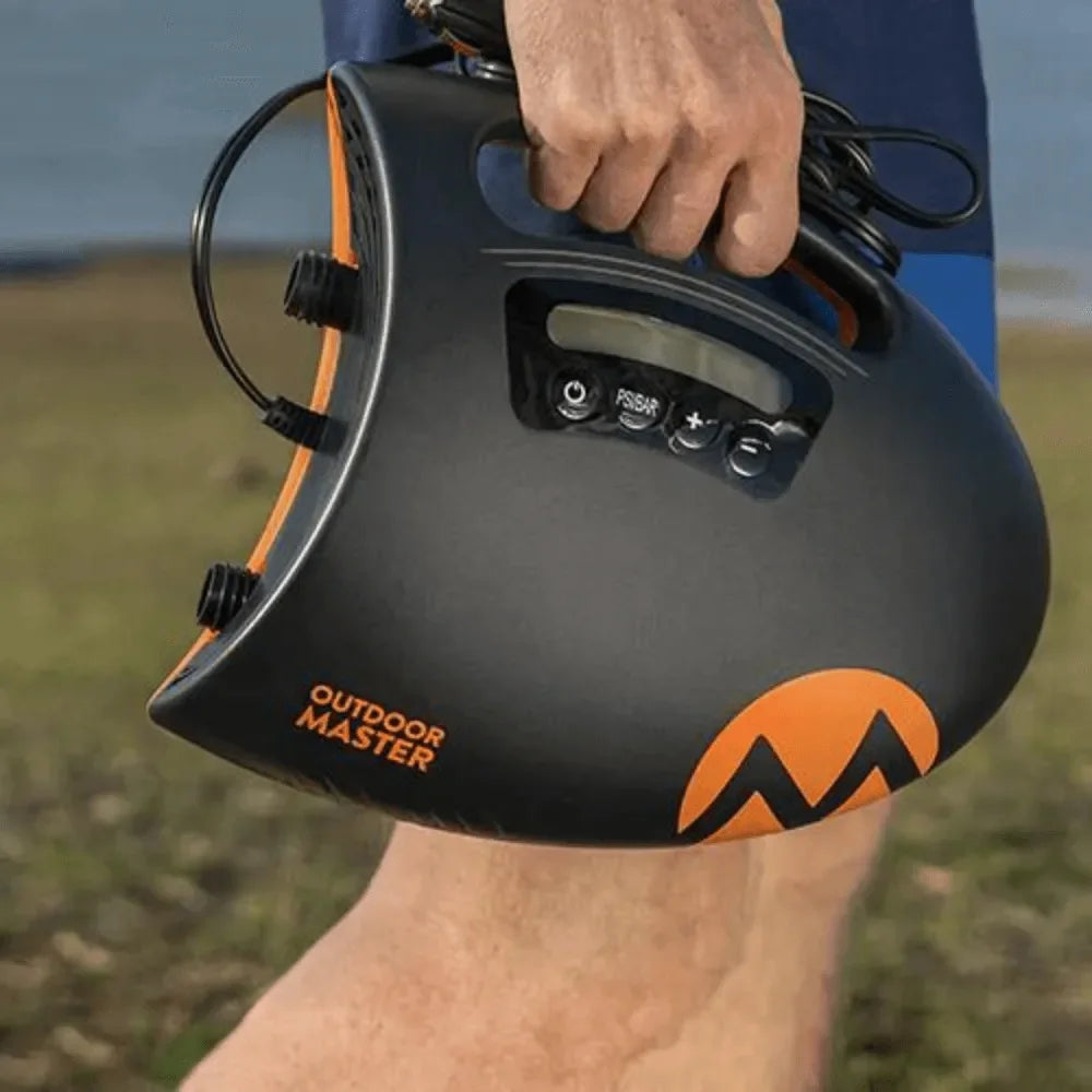 Shark II SUP pump by Outdoor Master in use, showing hands-free inflation for paddleboards and inflatable docks.