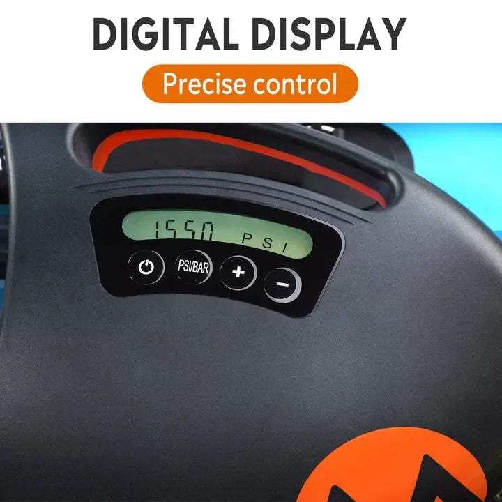 Close-up of Outdoor Master Shark II SUP pump digital display with precise PSI control for paddleboards and inflatables.