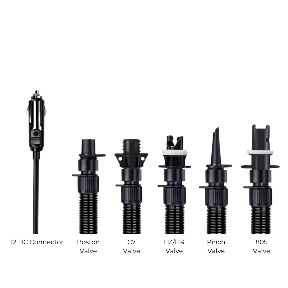 Full nozzle adapter set for Outdoor Master Shark II SUP pump, compatible with multiple inflatable water products.