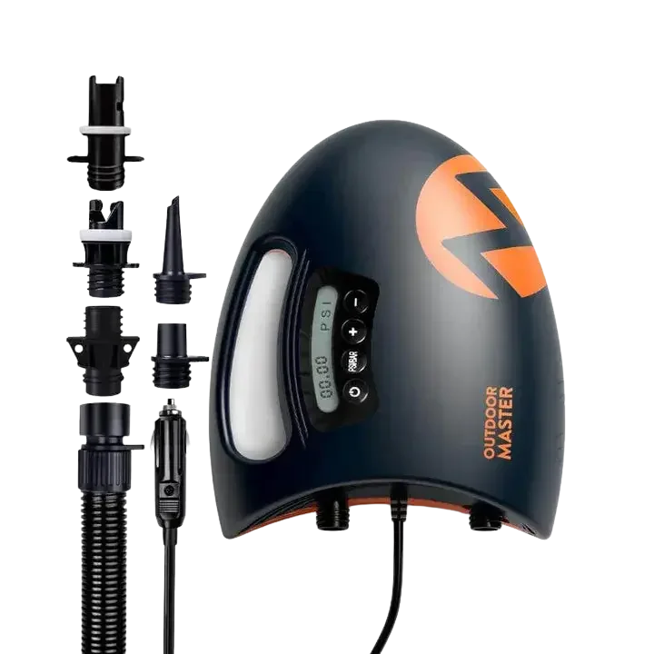 Outdoor Master Shark II electric SUP pump with hose and multiple nozzle attachments for paddleboards, docks, and kayaks.pro