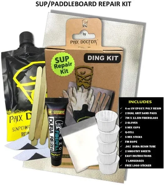 Phix Doctor 2.5 oz SUP repair kit with resin, filler, gloves, and repair accessories.