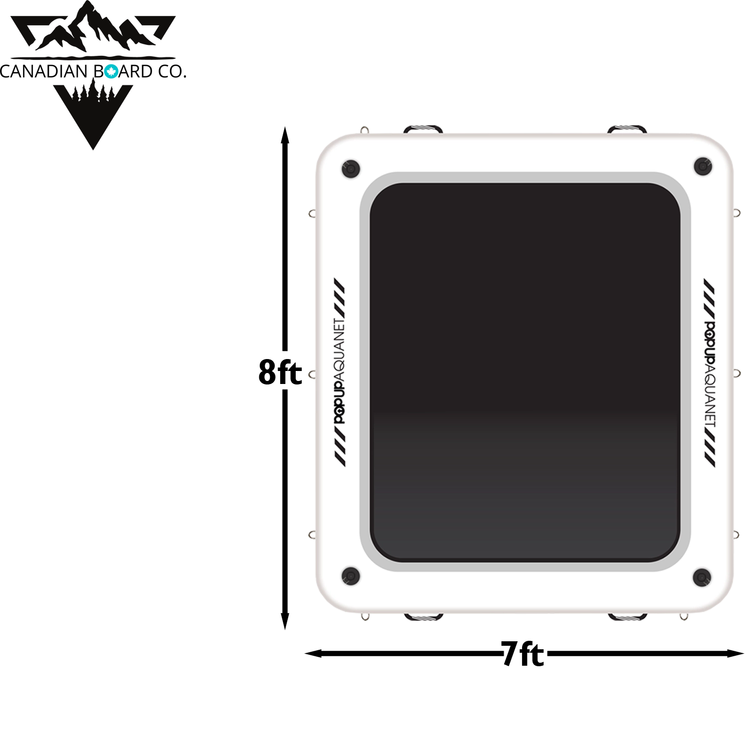 POP Aqua Net inflatable lounge with dimensions 8 feet by 7 feet by 8 inches highlighted for scale.