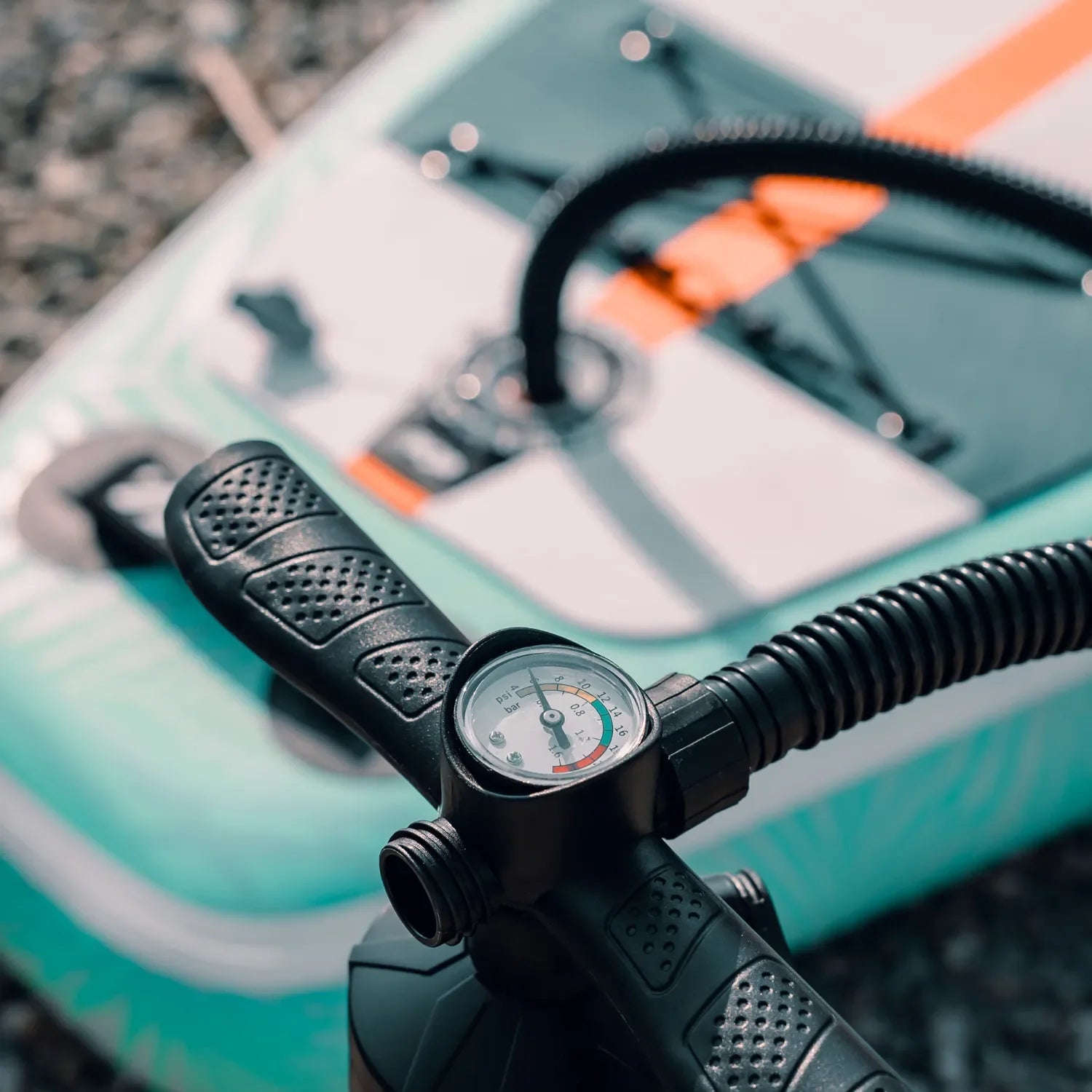Close-up of POP Board Co. paddleboard pump pressure gauge for accurate SUP inflation, available at Canadian Board Co.