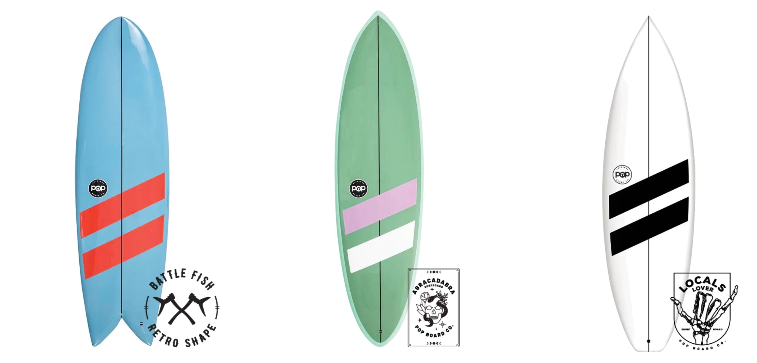 POP Board Co surfboard lineup including Locals Lover shortboard, Battlefish retro fish, and Abracadabra performance board