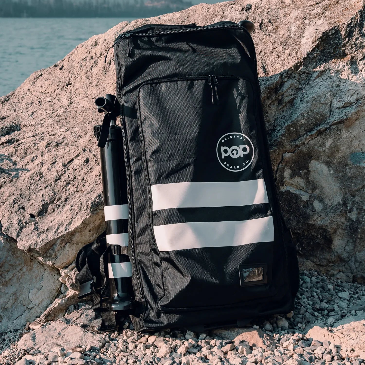 POP Board Co. paddleboard travel backpack with padded straps and durable storage design, included with SUP package at Canadian Board Co.