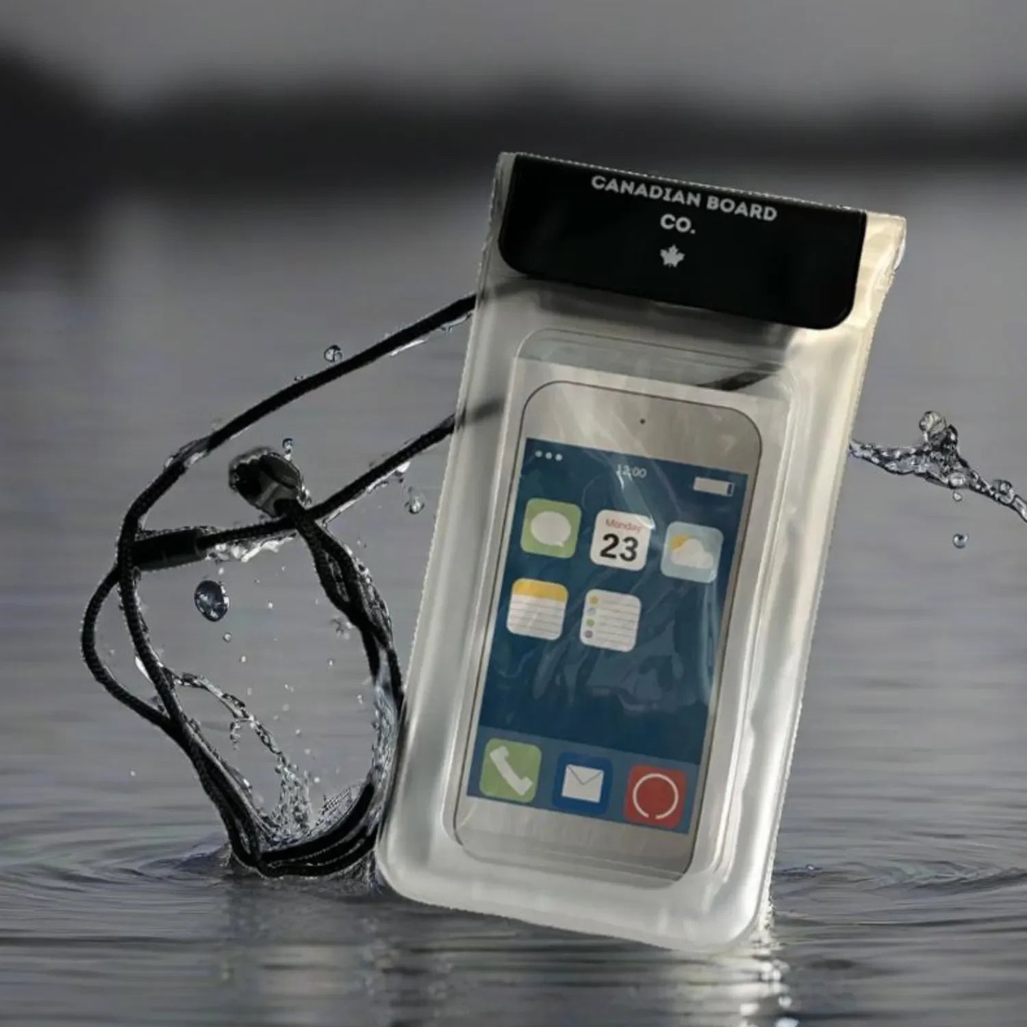 Waterproof phone case by POP Board Co. floating in water, protecting smartphone while paddleboarding or swimming, Canadian Board Co.