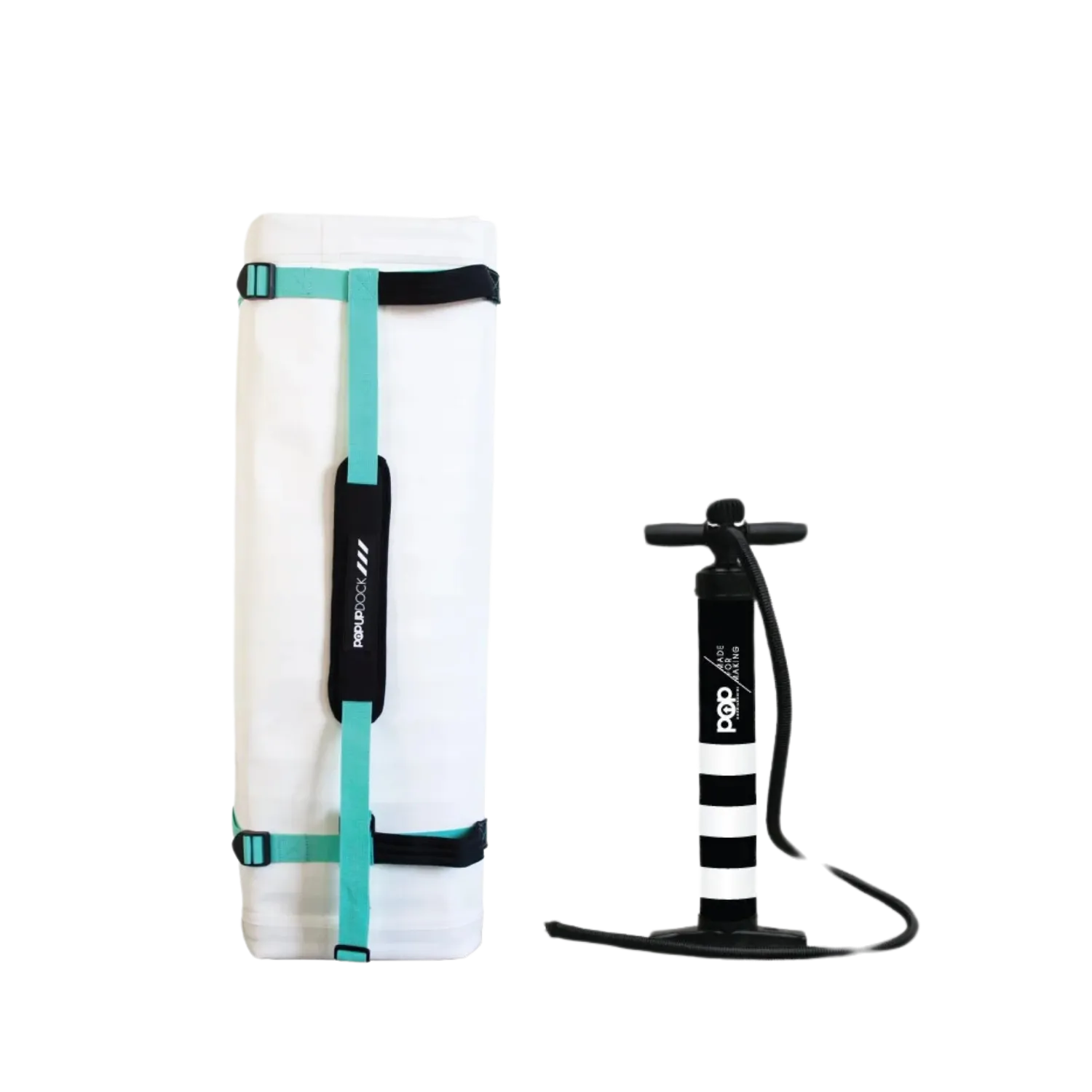 POP dual action hand pump designed for inflating paddleboards, docks, and other inflatable watercraft, shown standing upright with hose attached.