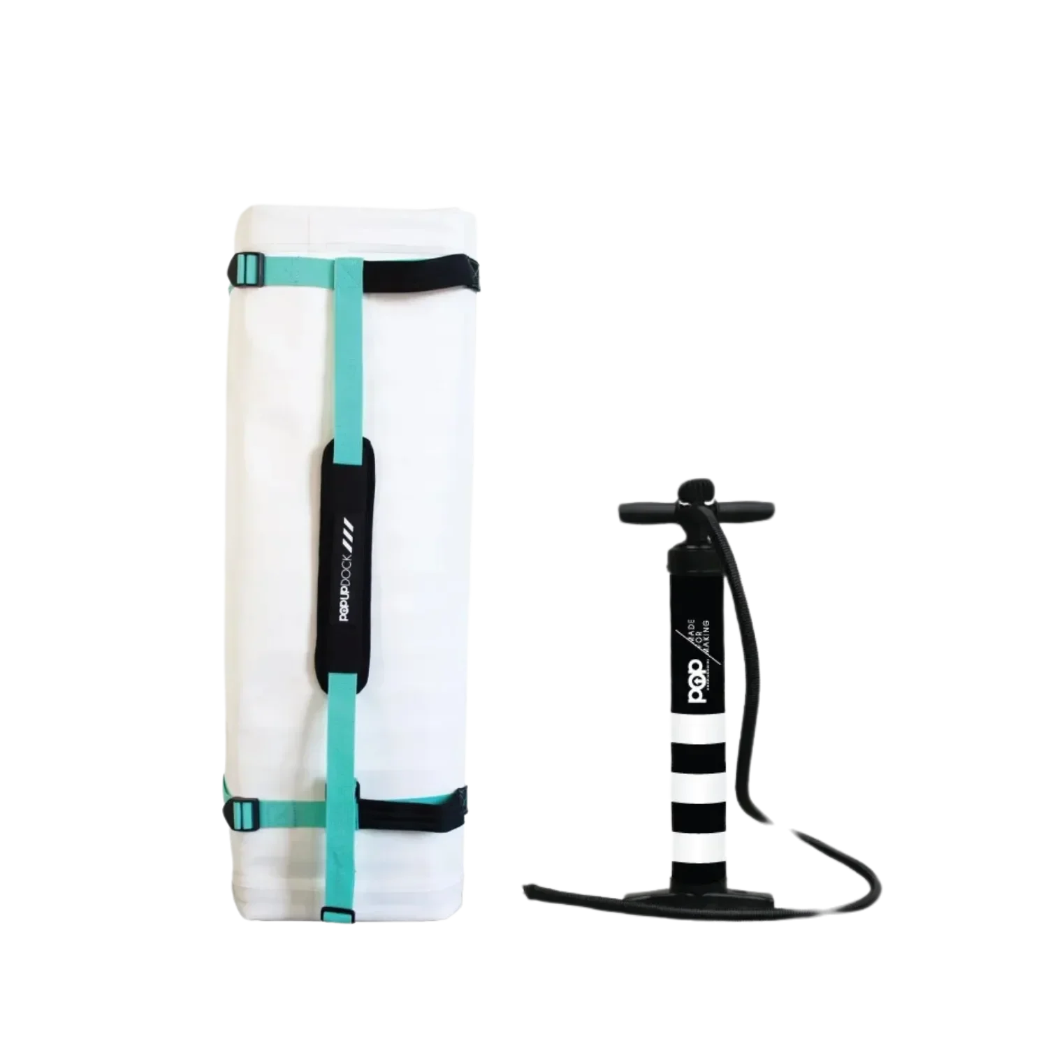 POP dual action hand pump designed for inflating paddleboards, docks, and other inflatable watercraft, shown standing upright with hose attached.