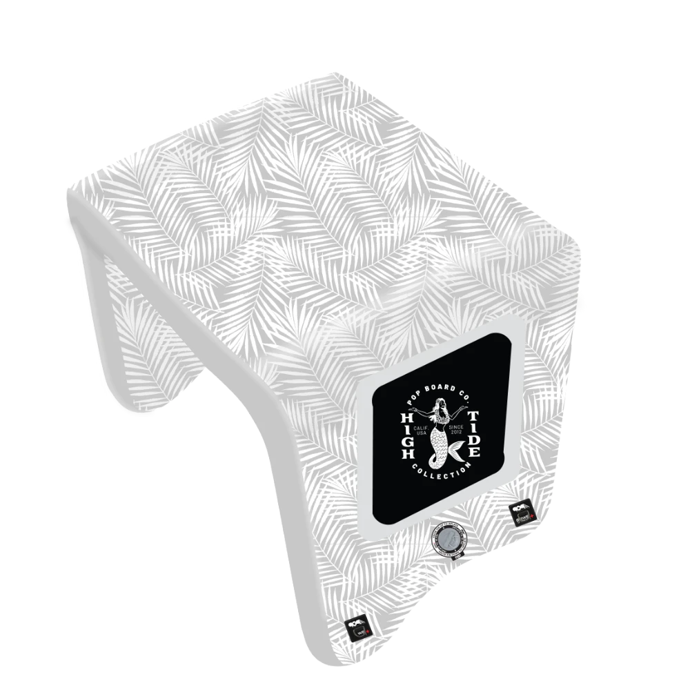 3D render of POP inflatable table with High Tide Collection logo and palm leaf pattern design.