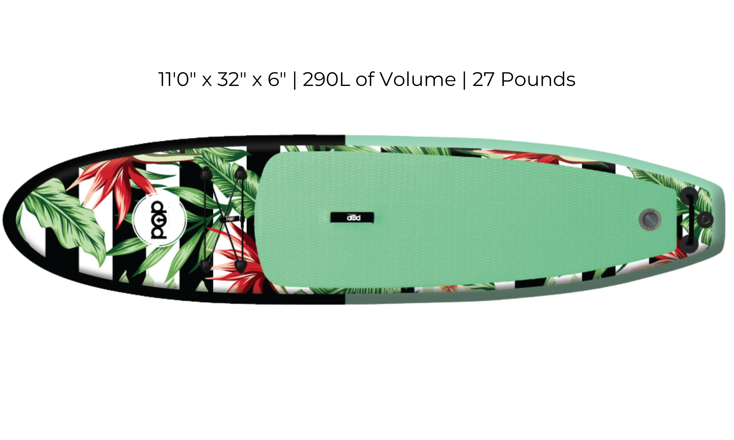 Top view of POP Royal Hawaiian 10'6 inflatable paddleboard featuring green traction deck and tropical palm design.