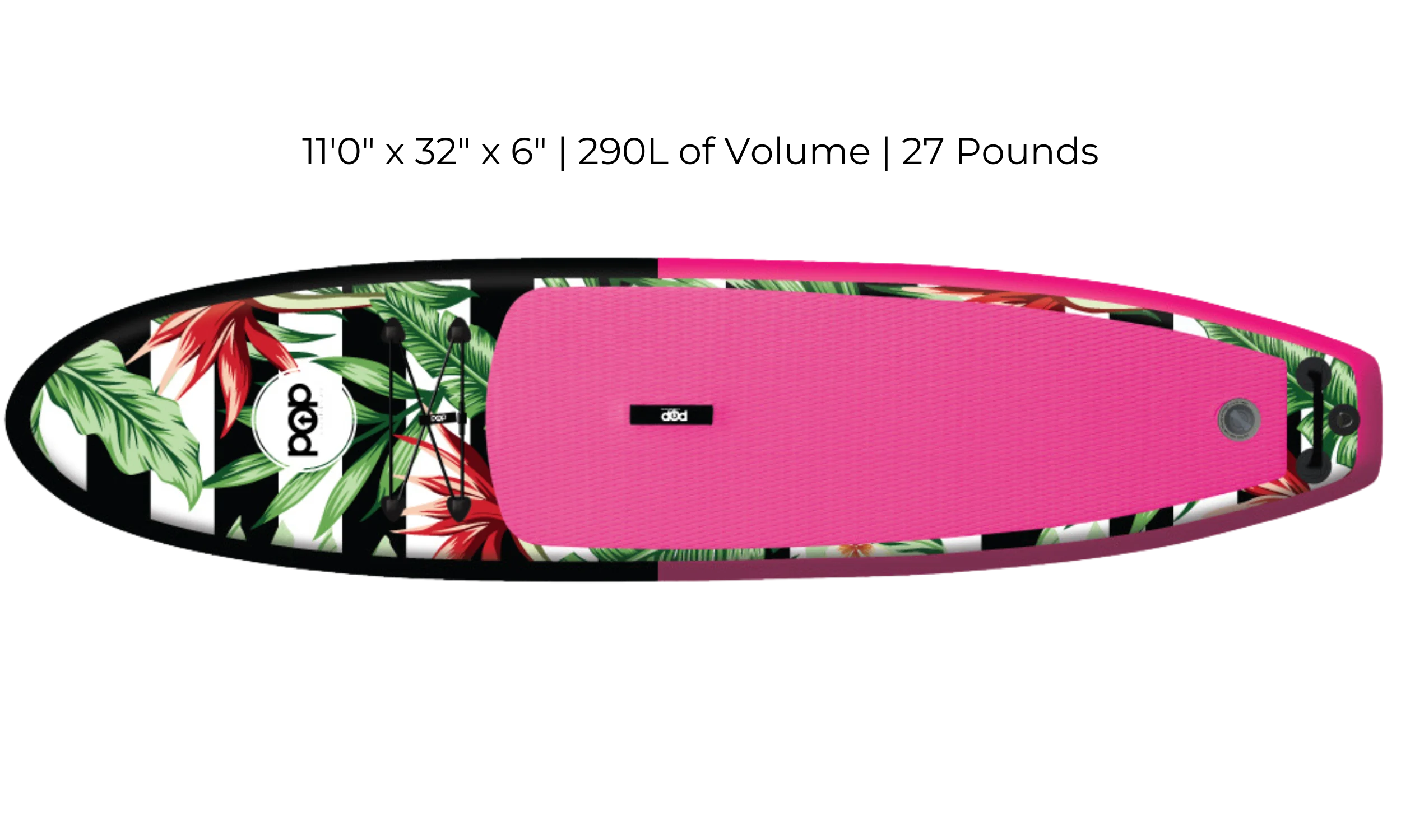 Top view of POP Royal Hawaiian 10'6 inflatable paddleboard featuring pink traction deck and tropical palm design.
