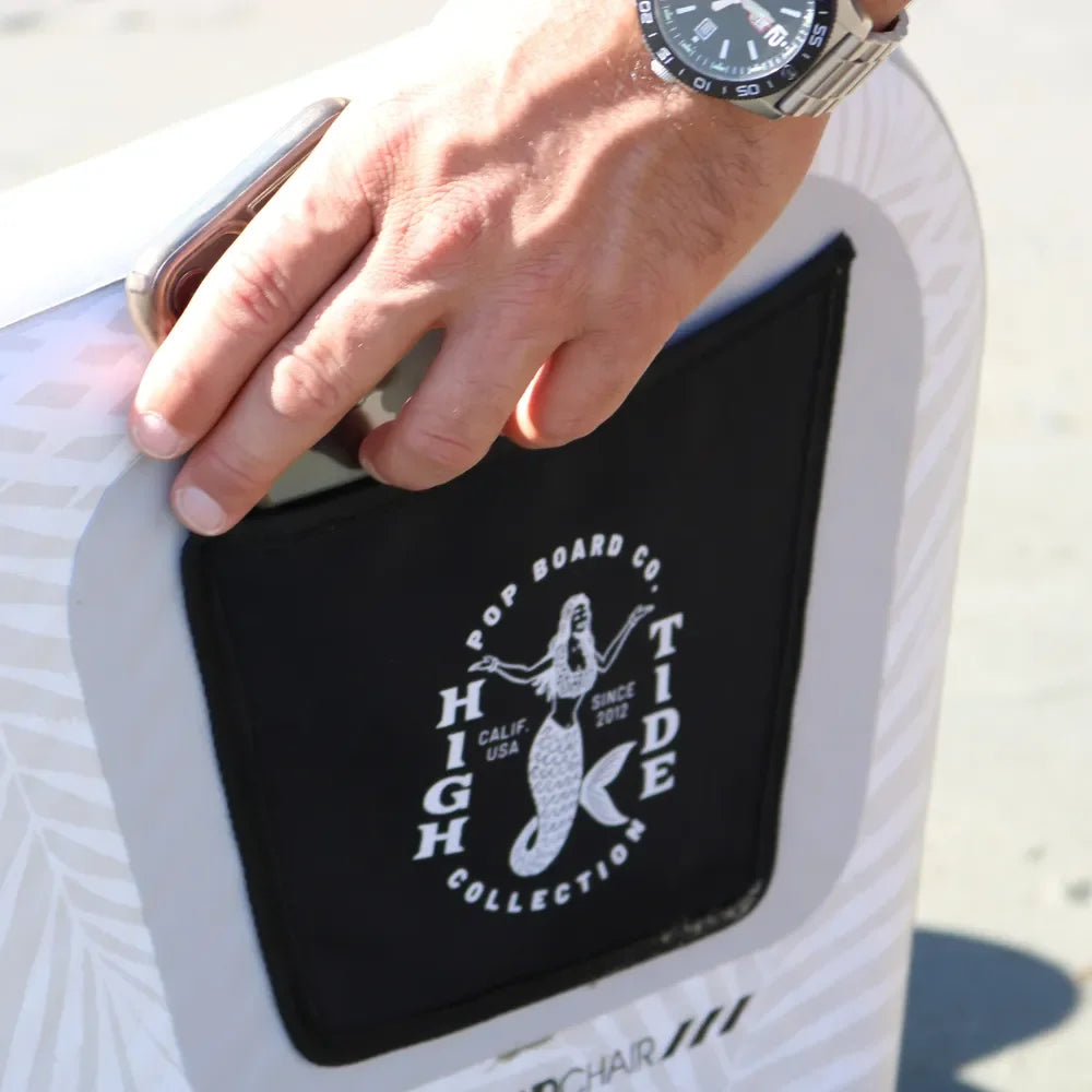 Close-up of POP Up Chair logo panel with built-in carrying handle for easy transport.