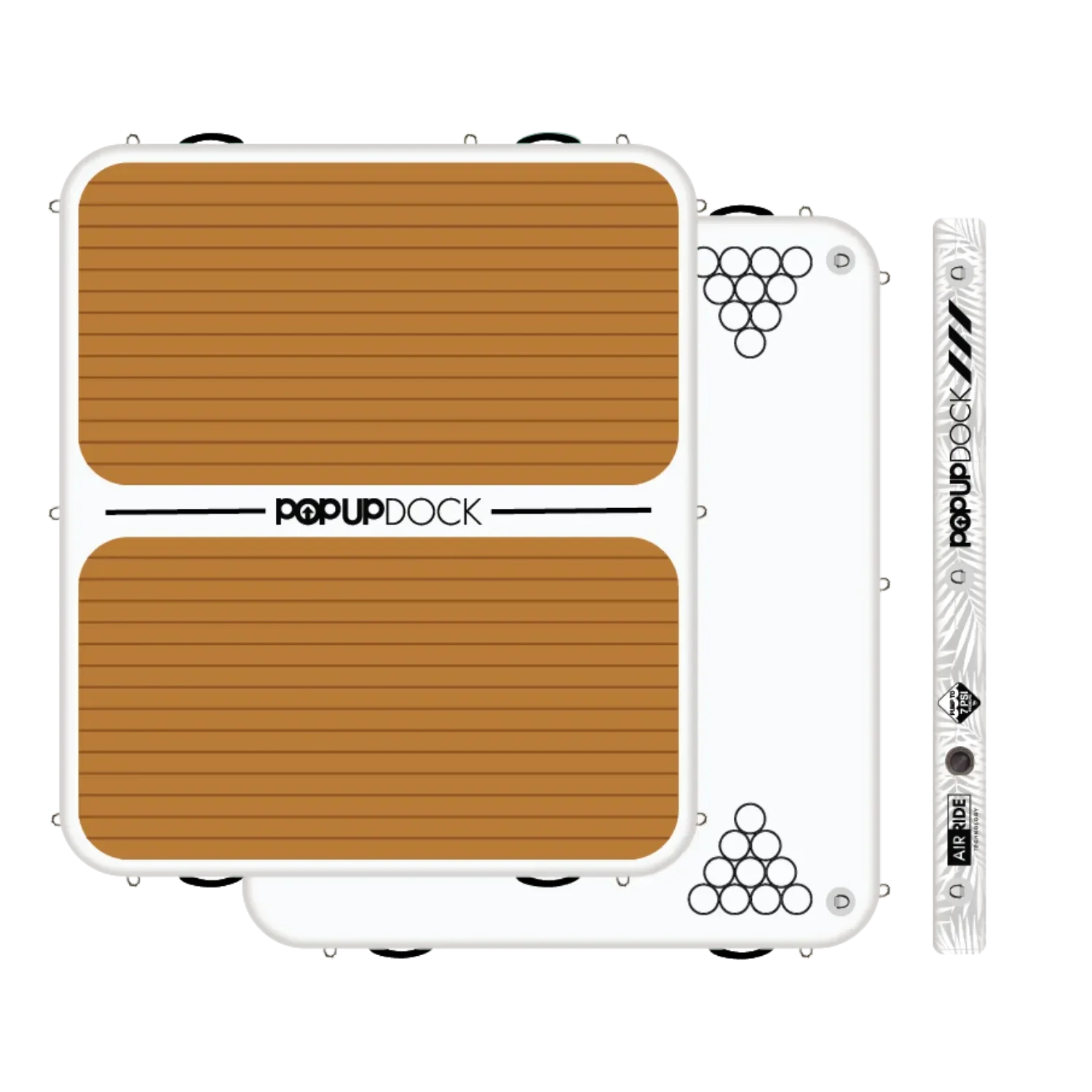 Top and bottom view of the POP Up Dock inflatable platform featuring non-slip teak-style traction pad on top and beer pong tournament layout on the bottom.