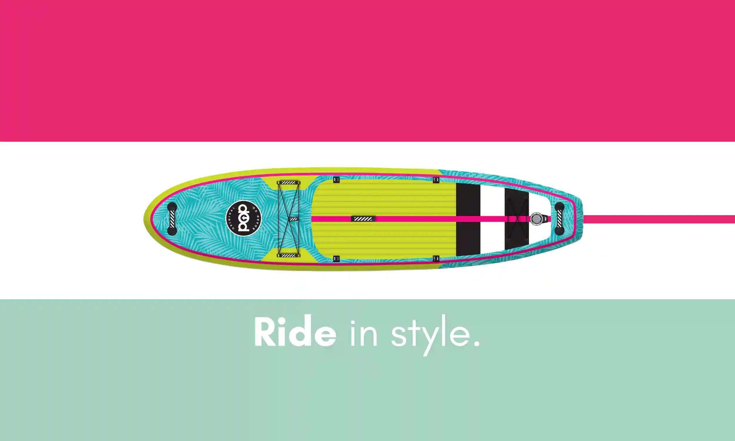 POP Board Co. Yacht Hopper Slider 2 inflatable paddleboard in tropical design, available at Canadian Board Co.