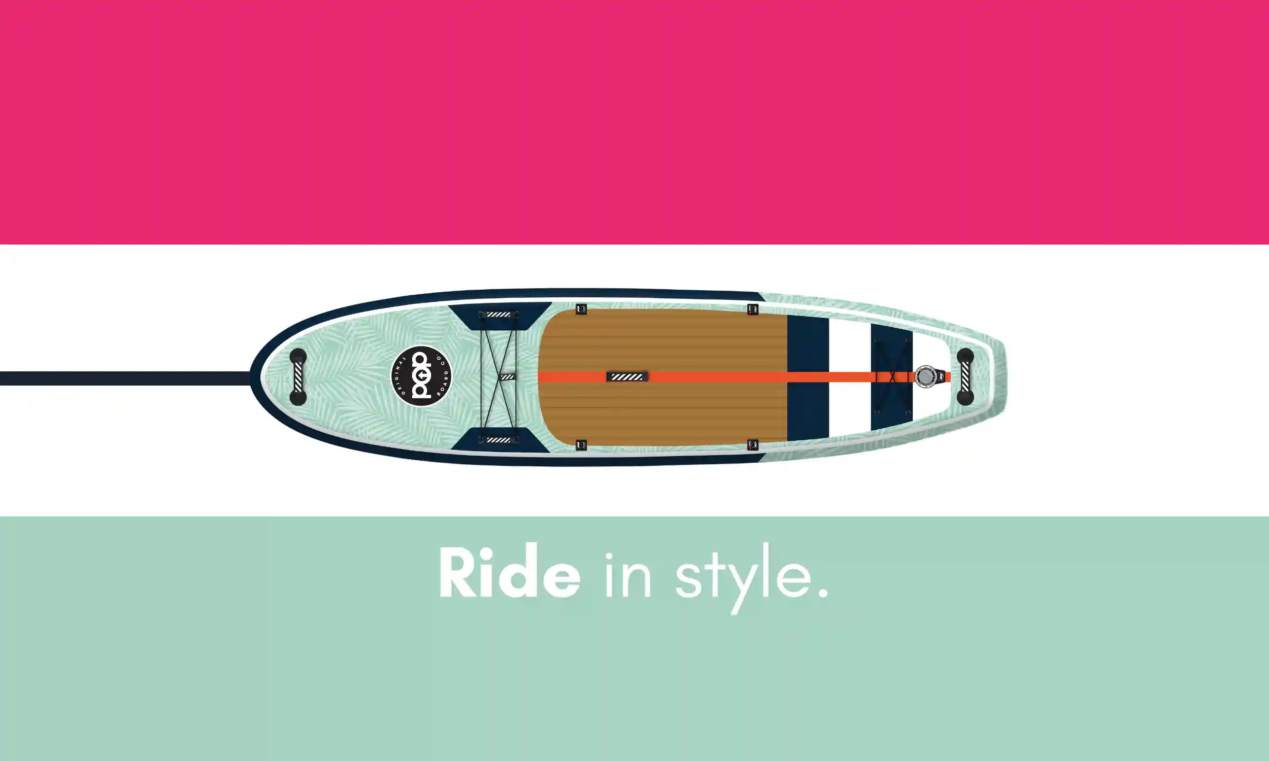 POP Board Co. Yacht Hopper Teak inflatable paddleboard with wood-style traction pad, available at Canadian Board Co.