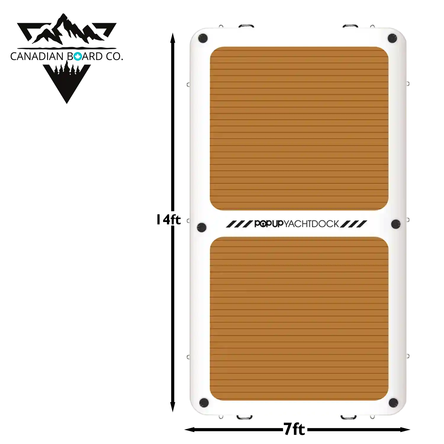 POP YachtDock inflatable dock top view showing 14x7 foot dimensions and teak-style non-slip surface.