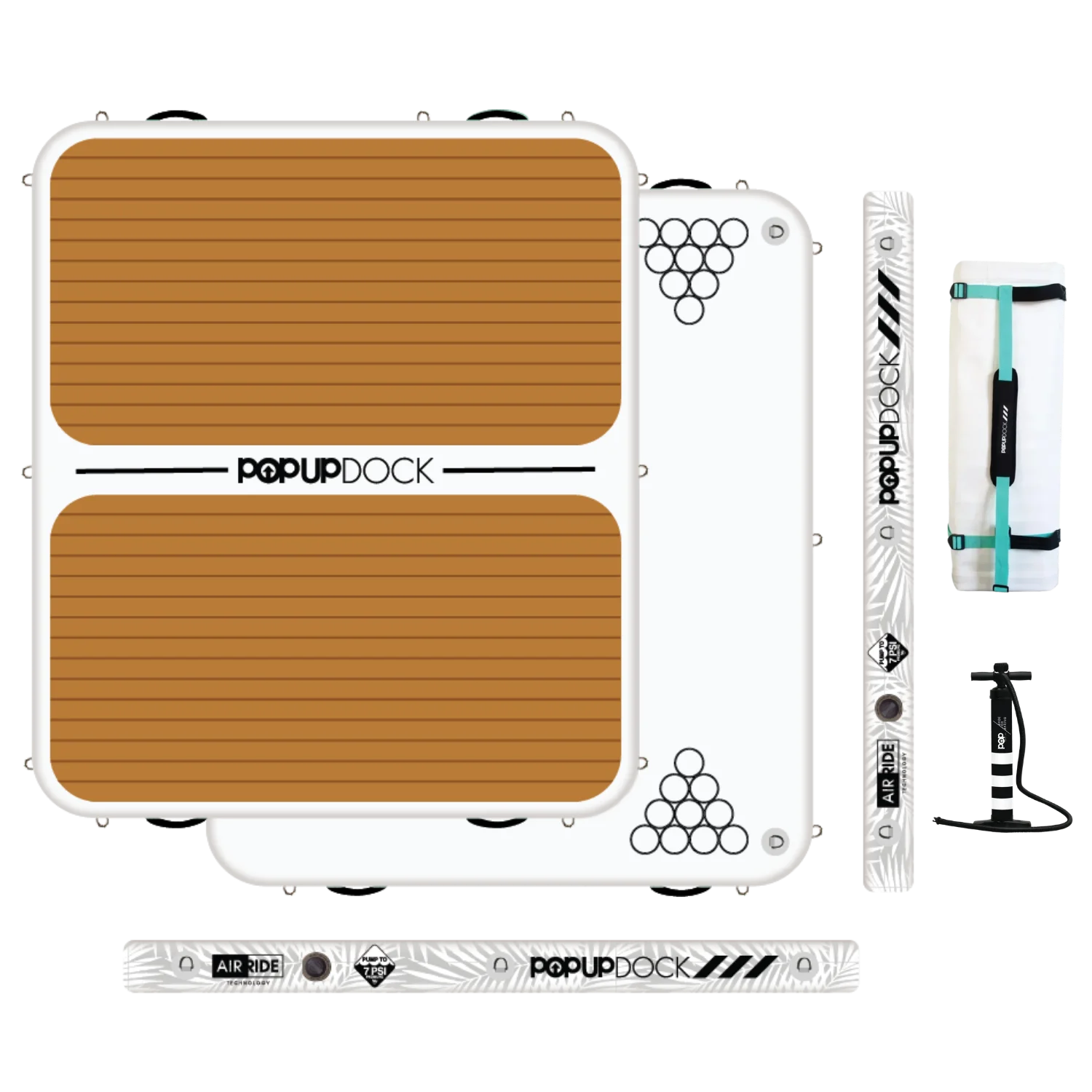 POPUP DOCK 8-foot inflatable floating dock and premium water platform kit featuring a faux teak wood design, manual air pump, and carrying bag.