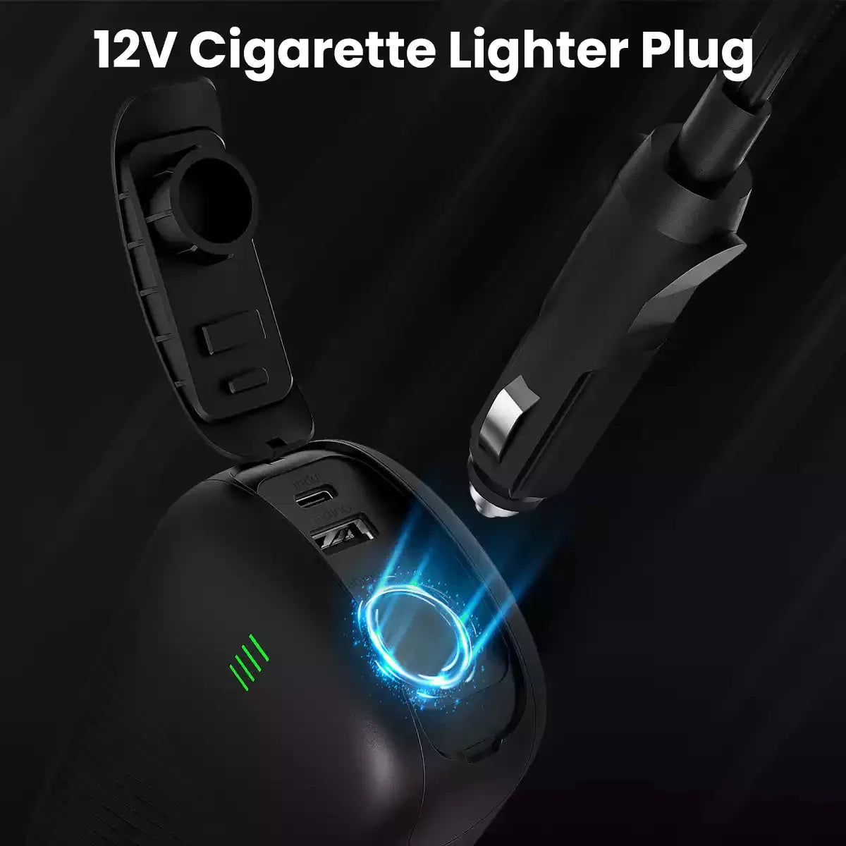 12V power bank connected to car cigarette lighter socket, perfect for electric SUP pumps.