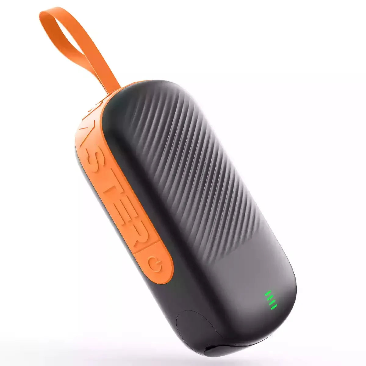 Compact 12V SUP power bank with orange strap for easy carrying and outdoor use.
