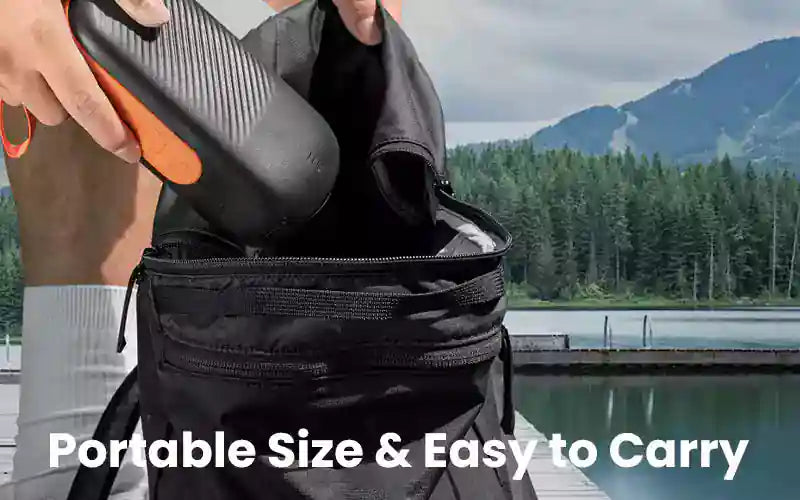 Portable 12V power bank for electric SUP pumps, compact design for easy carrying in backpack.