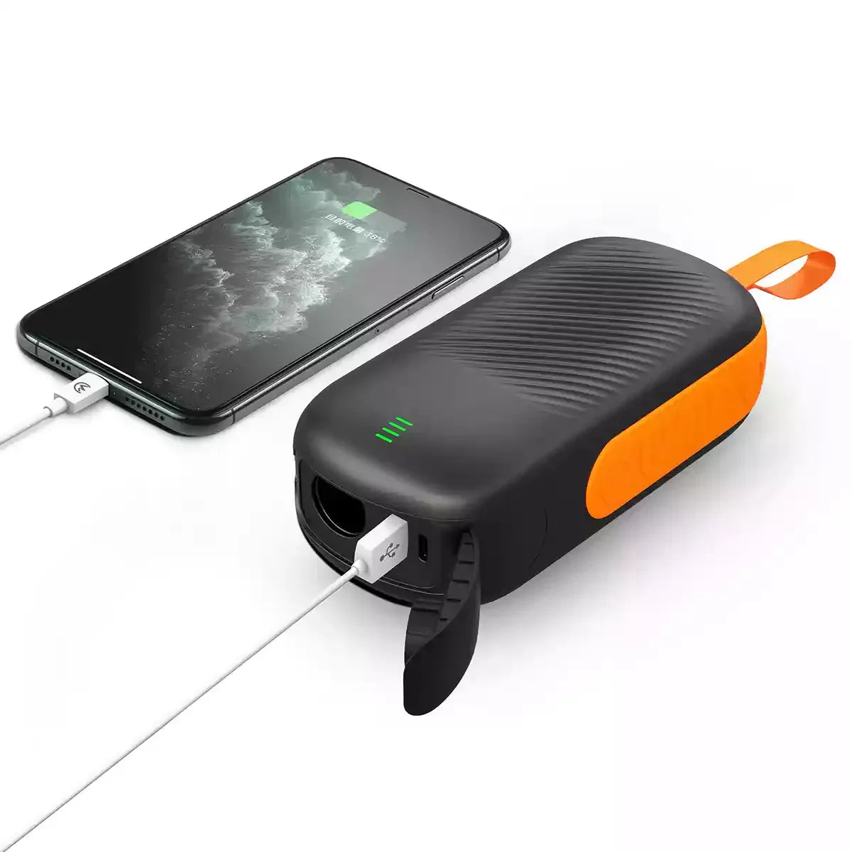 12V SUP power bank charging a smartphone via USB, ideal for on-the-go power.