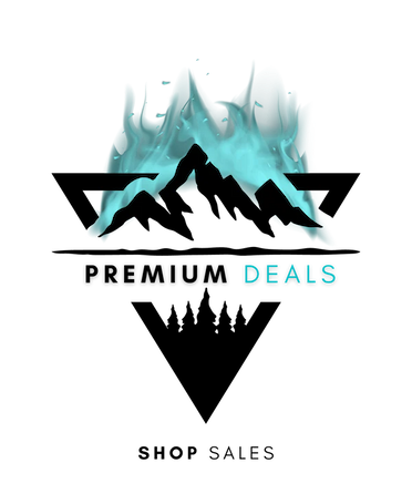 Premium Deals logo featuring mountain silhouette with blue fire design