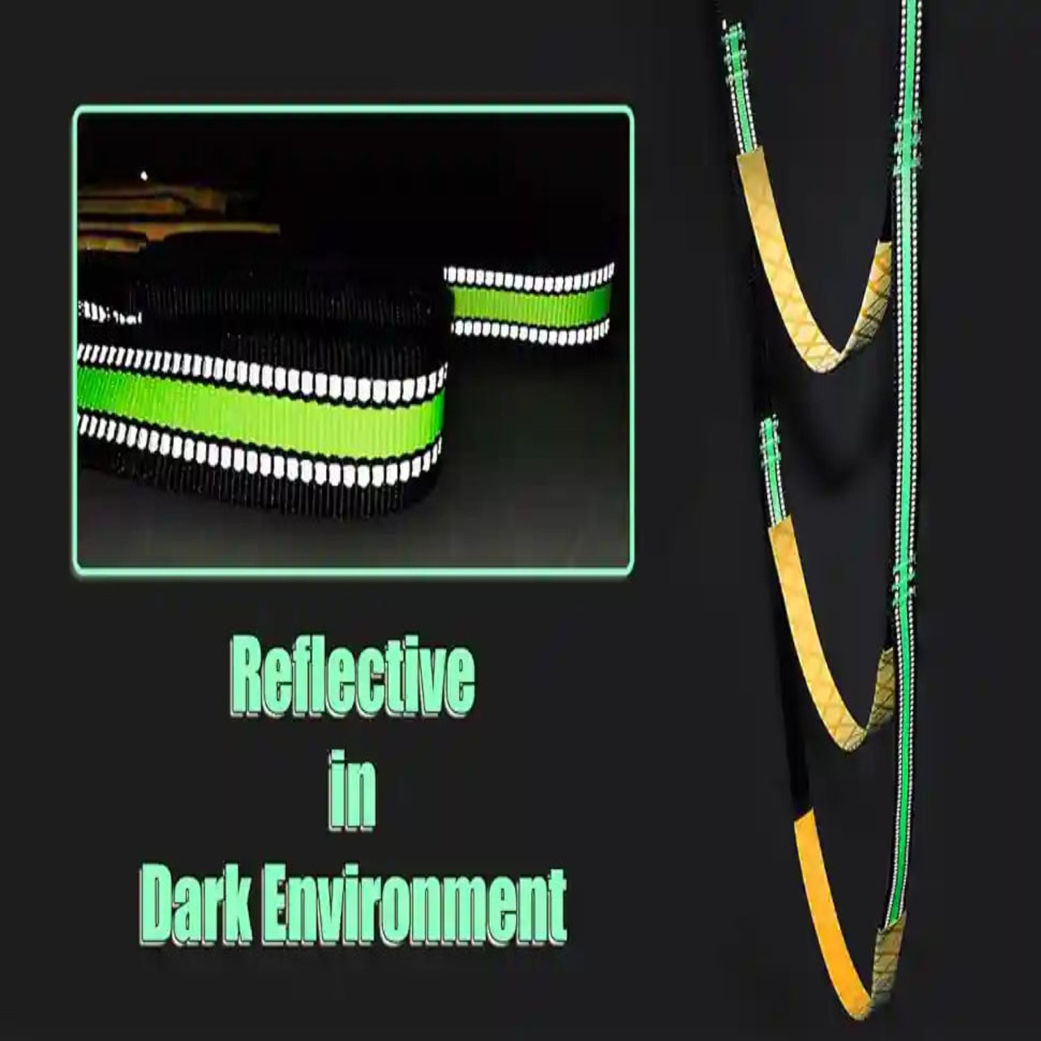 Reflective boat boarding ladder strap with high-visibility green stripes glowing in a dark environment for night safety