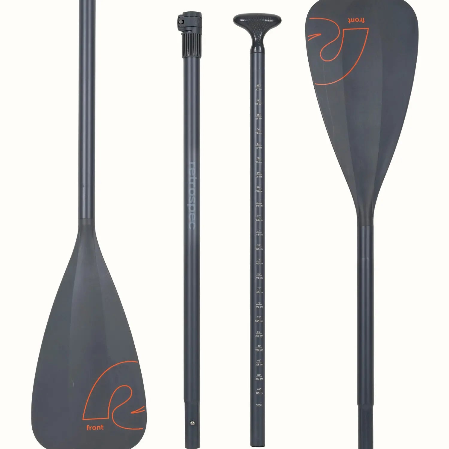 Four separate parts of a charcoal gray Retrospec Weekender ISUP Kayak Hybrid Paddle laid out on a white background, including two blades with orange accents, the center shaft, and the handle shaft with height measurements.