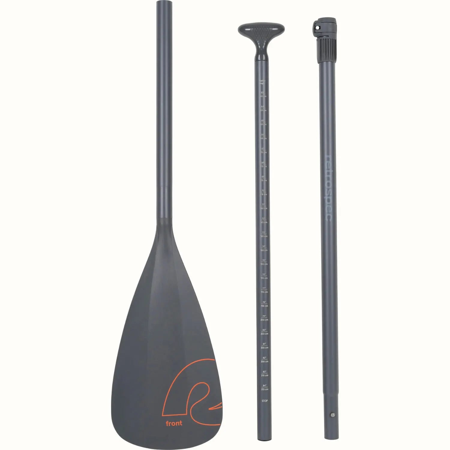Retrospec Weekender ISUP and Kayak hybrid paddle components displayed on a white background, including a blade, an adjustable shaft with height markings, and a handle section.