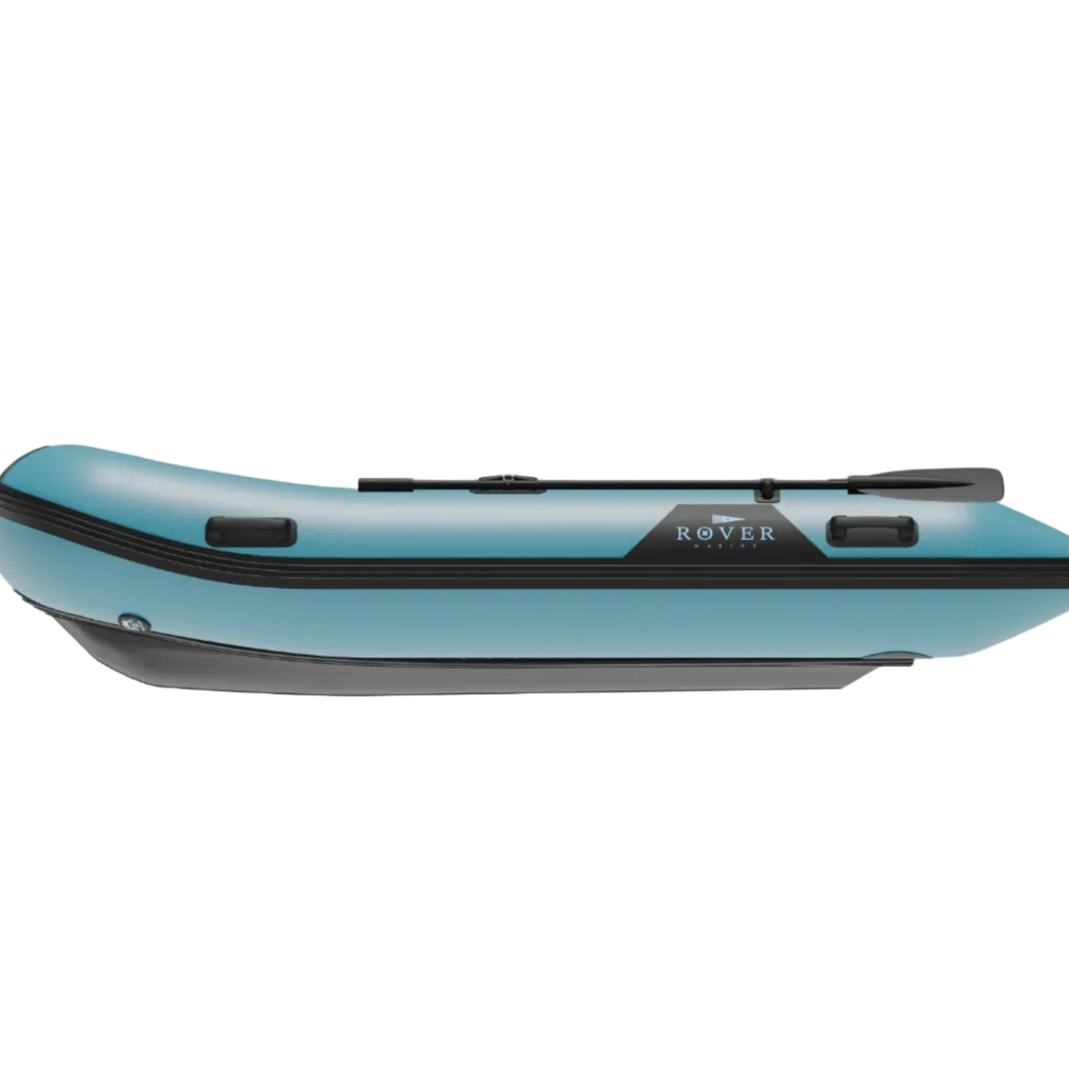 Right side profile of the blue and black Rover Marine inflatable battle boat with mounted oars.