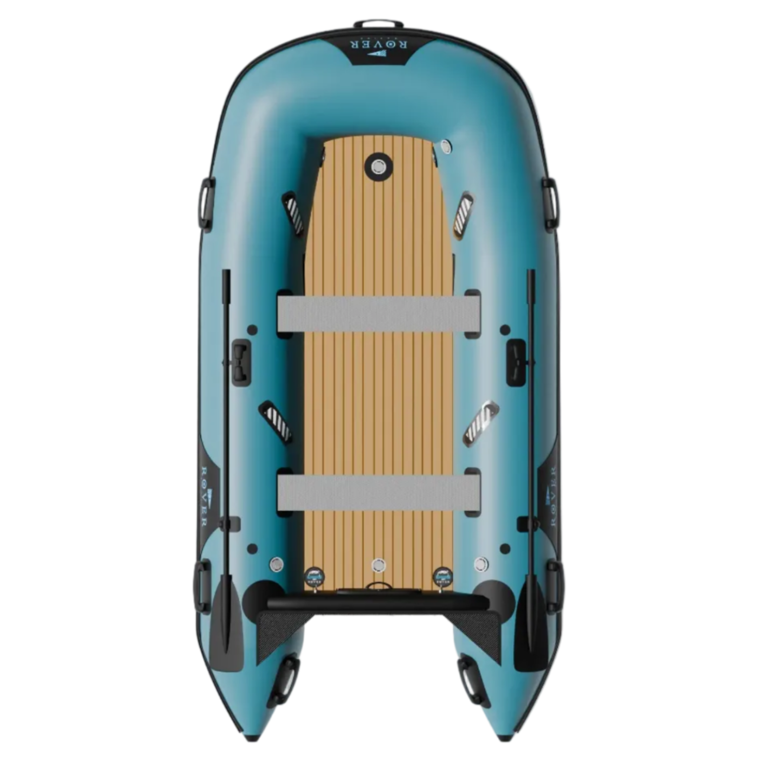 Top-down view of the Rover Marine inflatable battle boat showing the wooden floor slats and seating straps.