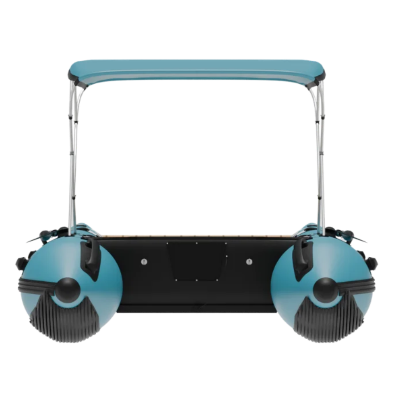 Back view of the Rover Marine Battle Cat inflatable boat featuring a blue bimini top.