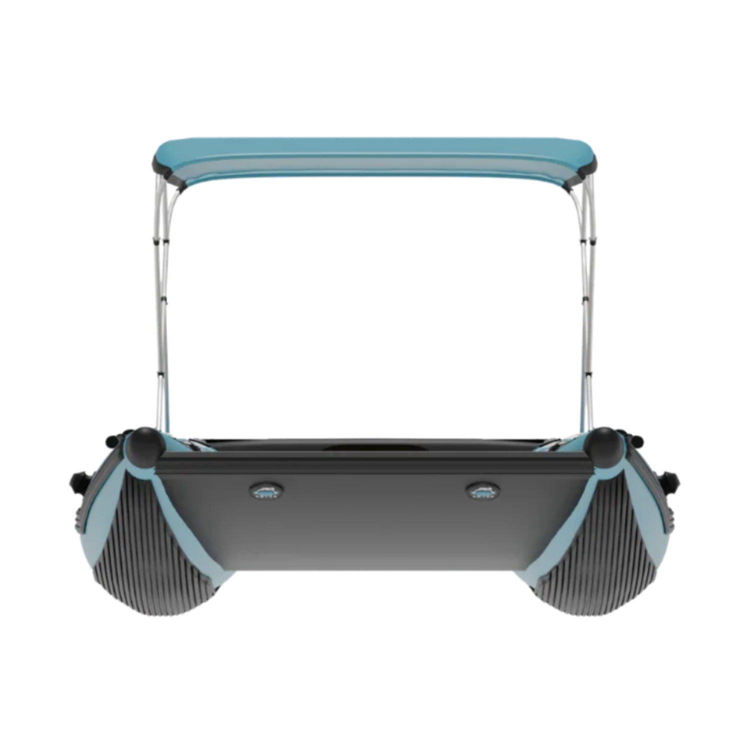 Front view of the Rover Marine Battle Cat inflatable boat with its blue canopy.