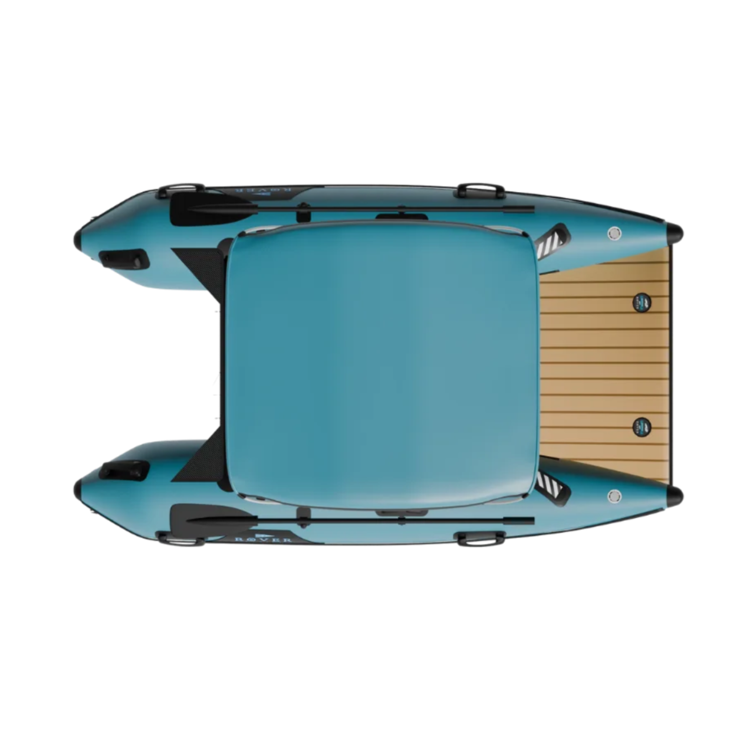 Top view of the Rover Marine Battle Cat boat showcasing the deck and bimini canopy.