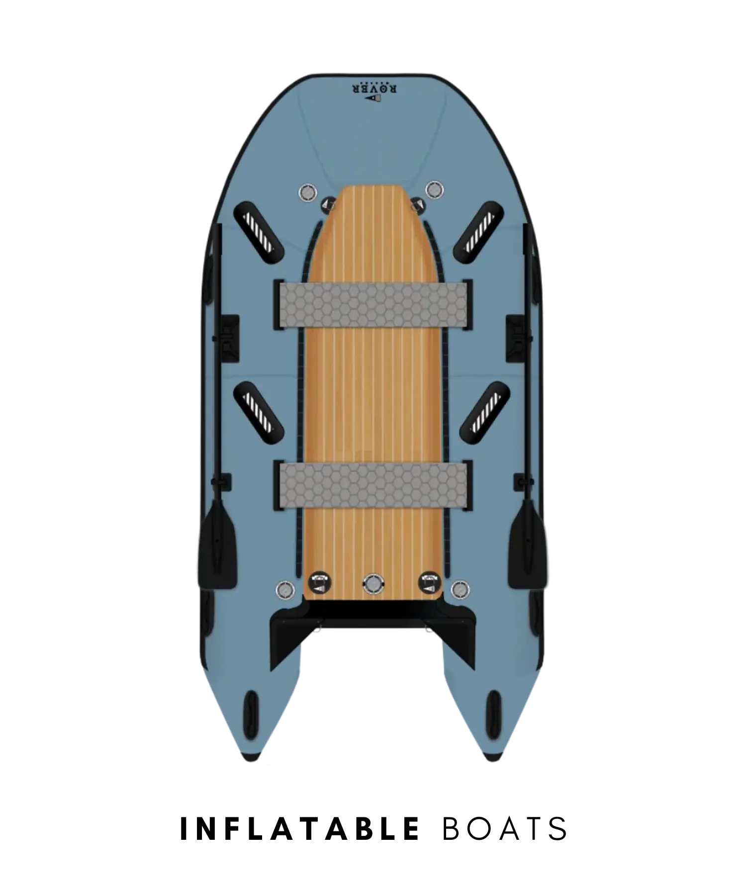 Top view of Rover Marine Battle Cat inflatable catamaran boat with teak-style floor and dual pontoons, available at Canadian Board Co.