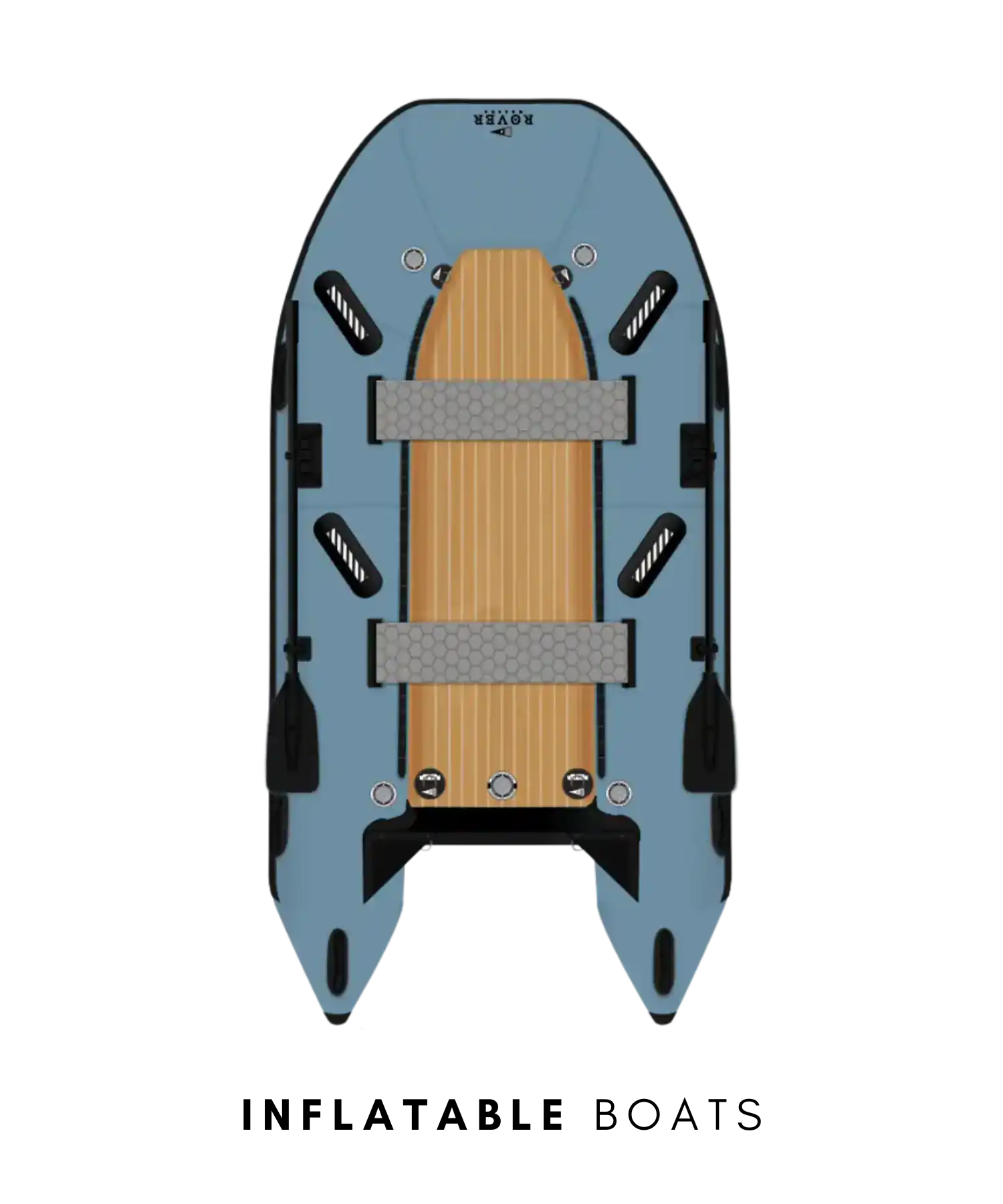 Top view of Rover Marine Battle Cat inflatable catamaran boat with teak-style floor and dual pontoons, available at Canadian Board Co.