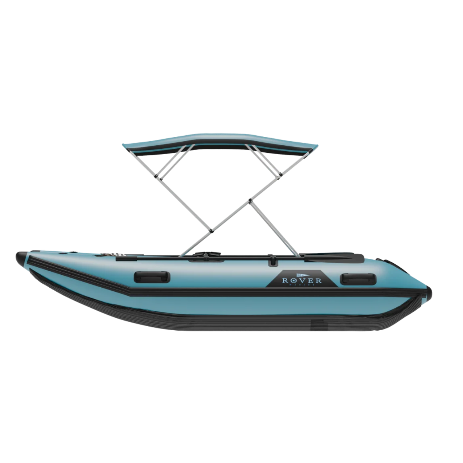 Left side profile of the Rover Marine Battle Cat inflatable boat with bimini attached.