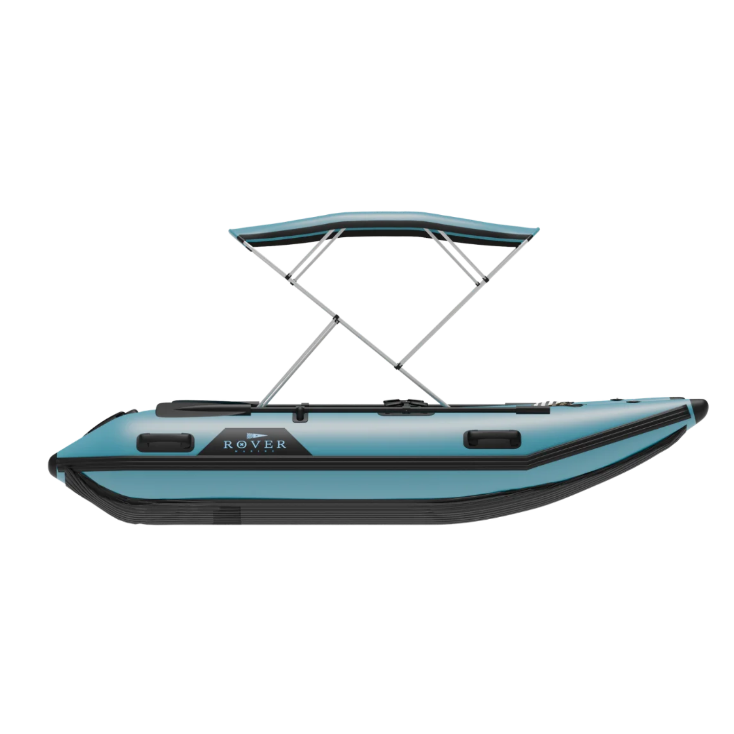 Right side profile of the Rover Marine Battle Cat inflatable boat with bimini attached.