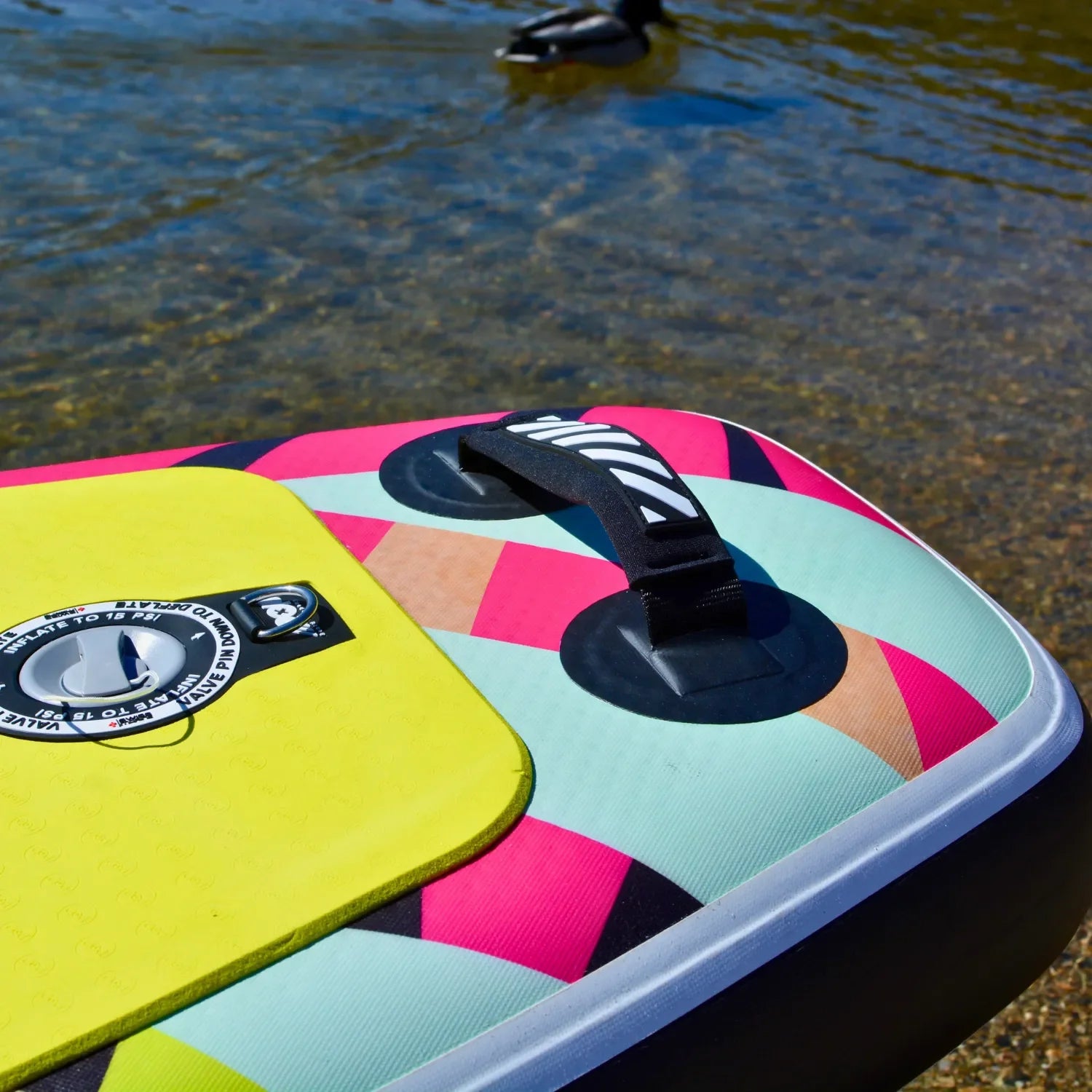 Close-up of the POP Royal Hawaiian 10’6 inflatable paddleboard deck and nose design.