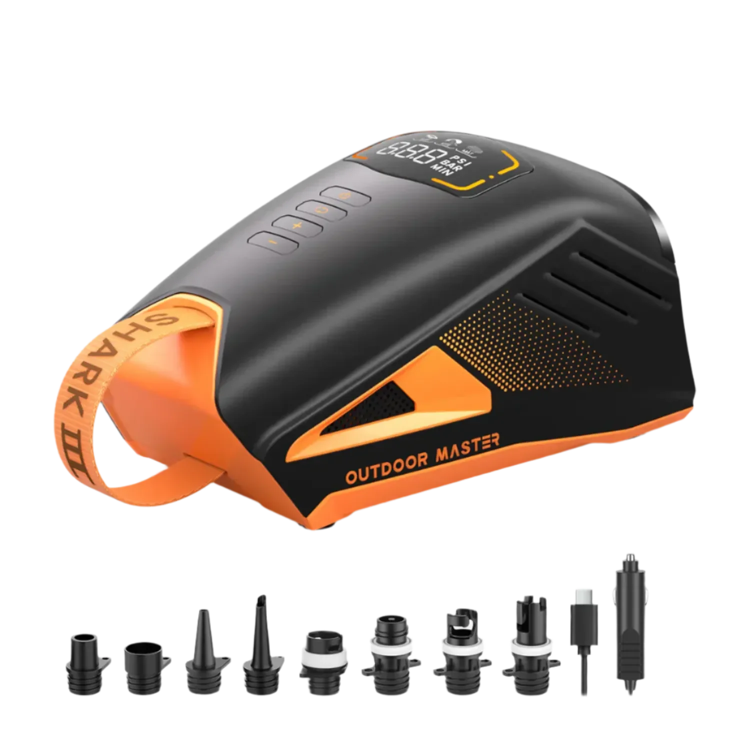 Outdoor Master Shark 3 Electric Pump with multiple nozzles for paddleboards and inflatables.