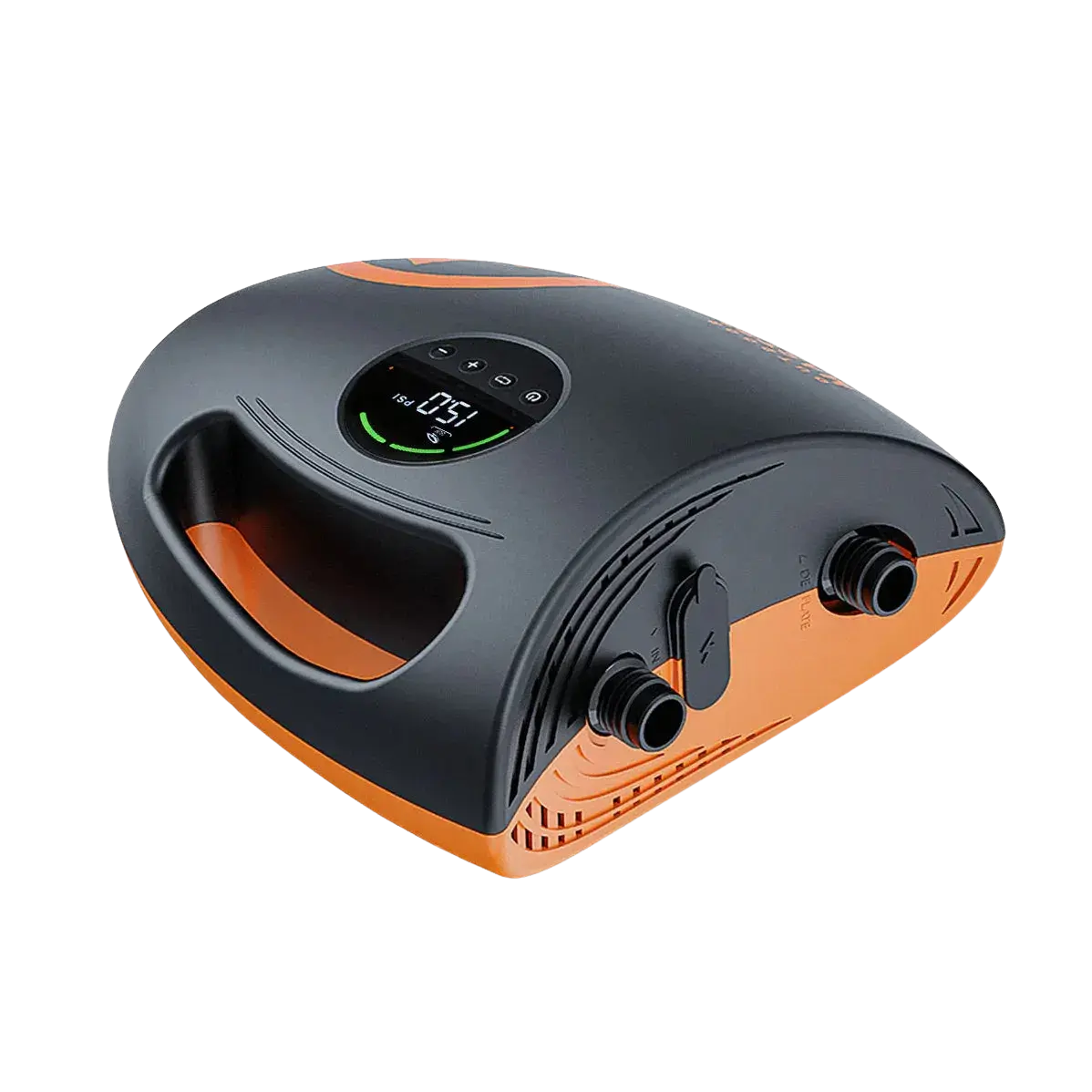 Close-up of the OutdoorMaster Shark 2S electric paddleboard pump with digital display, dual valve ports, and ergonomic handle.