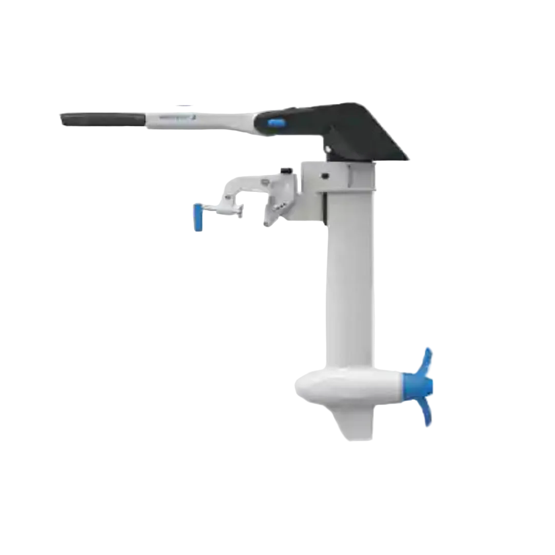 White and blue electric motor with a black handle on a light gray background
