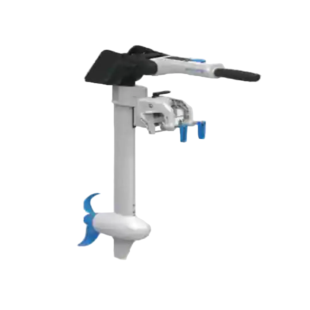 White and black electric motor with blue accents on a light gray background
