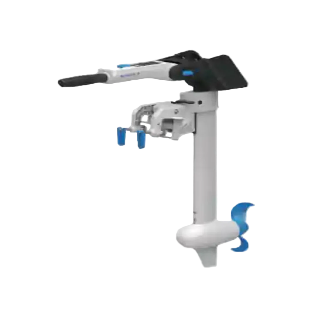 electric outboard motor on a light gray background