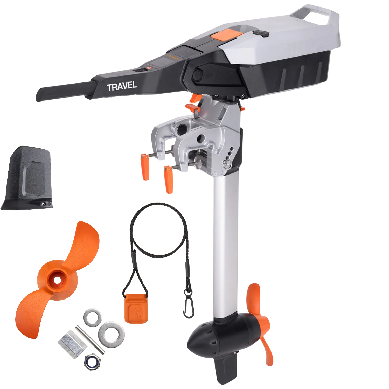 Torqeedo Travel 1103 S electric outboard motor with propeller, battery, charger, and accessories for effortless boating.