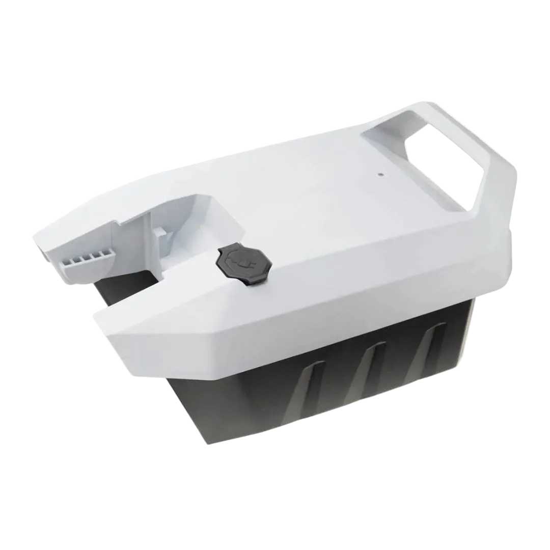 White and black plastic container with a handle on a white background