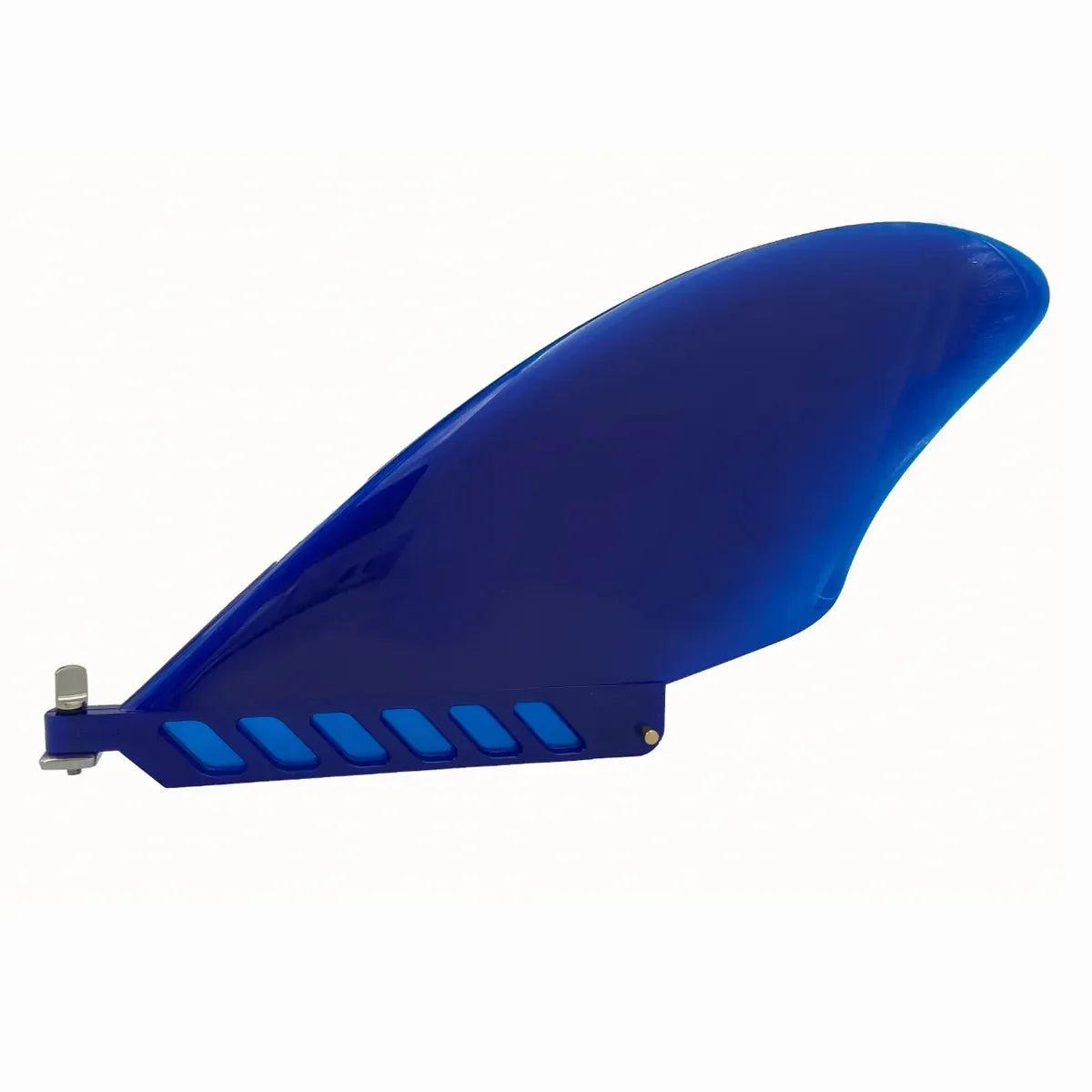 Blue version of the Vamo 5.5" keel-shaped paddleboard fin with flexible safety design.